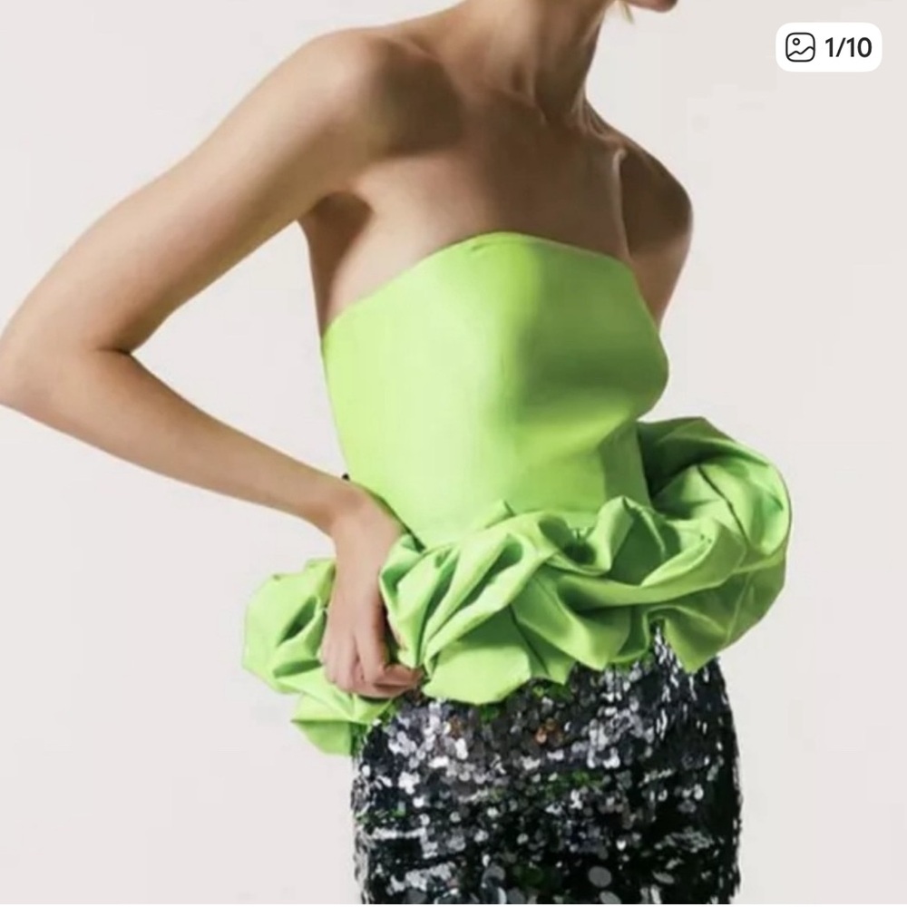 Zara Lime Green Ruffled Strapless Blouse